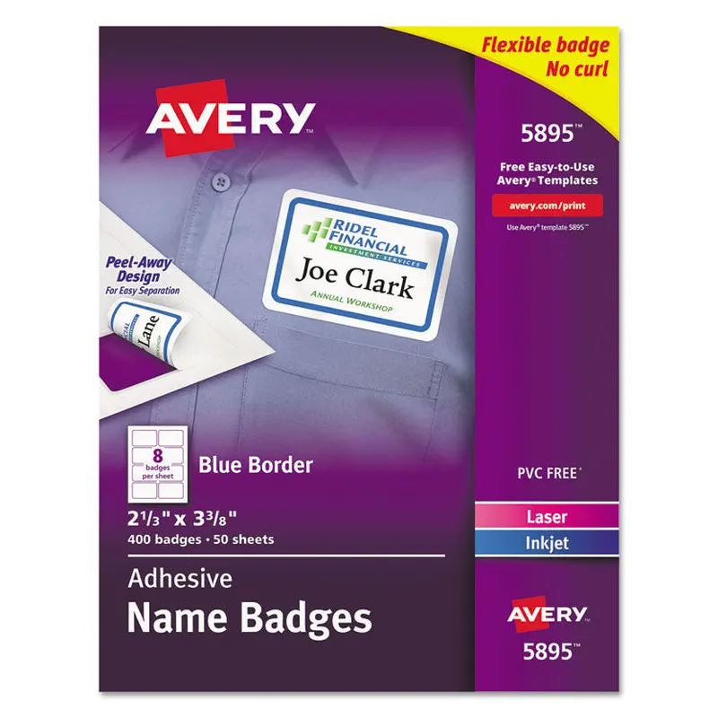 Avery Flexible Adhesive Name Badge Labels, 3.38 x 2.33, White/Blue Border, 400/Box (AVE5895) Box of 400