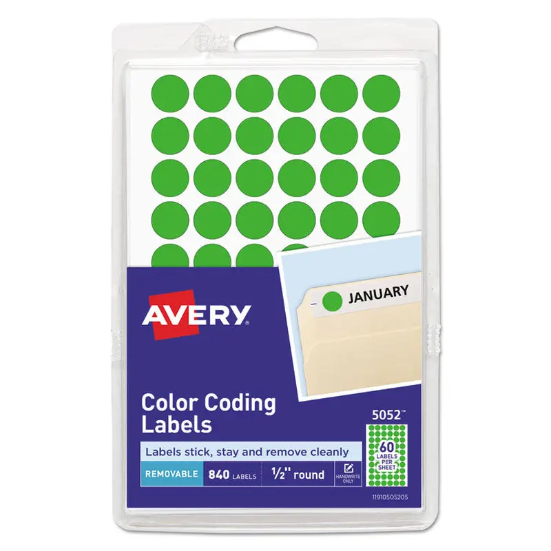 Avery Handwrite Only Self-Adhesive Removable Round Color-Coding Labels, 0.5" dia, Neon Green, 60/Sheet, 14 Sheets/Pack, (5052) (AVE05052) Pack of 800