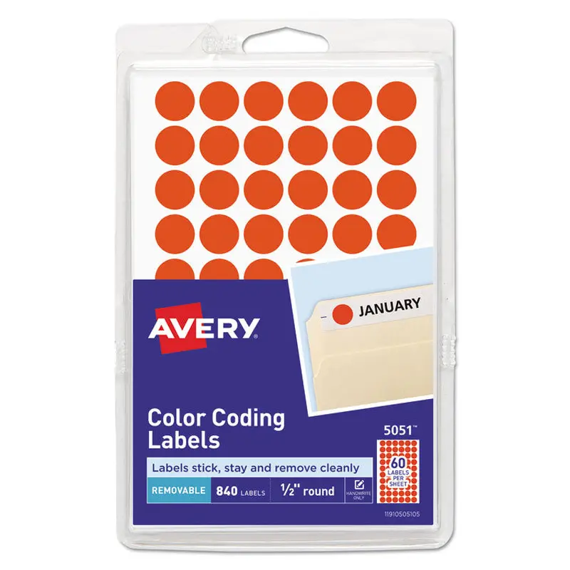 Avery Handwrite Only Self-Adhesive Removable Round Color-Coding Labels, 0.5" dia, Neon Red, 60/Sheet, 14 Sheets/Pack, (5051) (AVE05051) Pack of 800