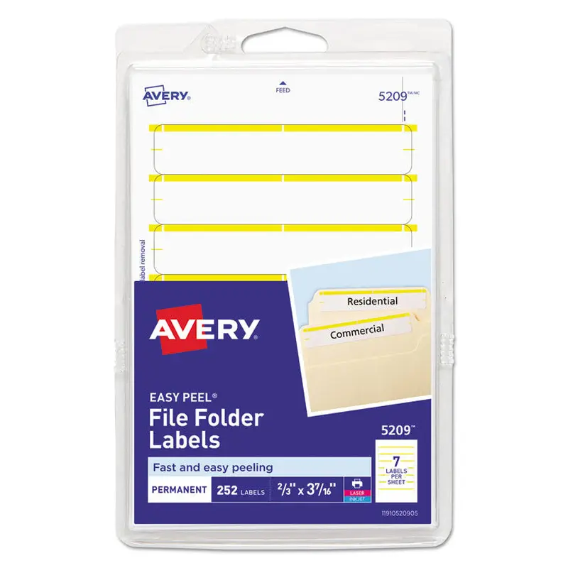 Avery Printable 4" x 6" - Permanent File Folder Labels, 0.69 x 3.44, White, 7/Sheet, 36 Sheets/Pack, (5209) (AVE05209) Pack of 252