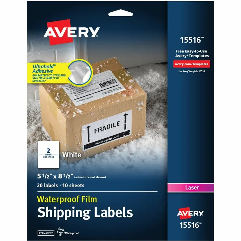 Avery® Weatherproof Mailing Labels, 5-1/2" x 8-1/2", 20/PK, White (AVE15516) Pack of 20