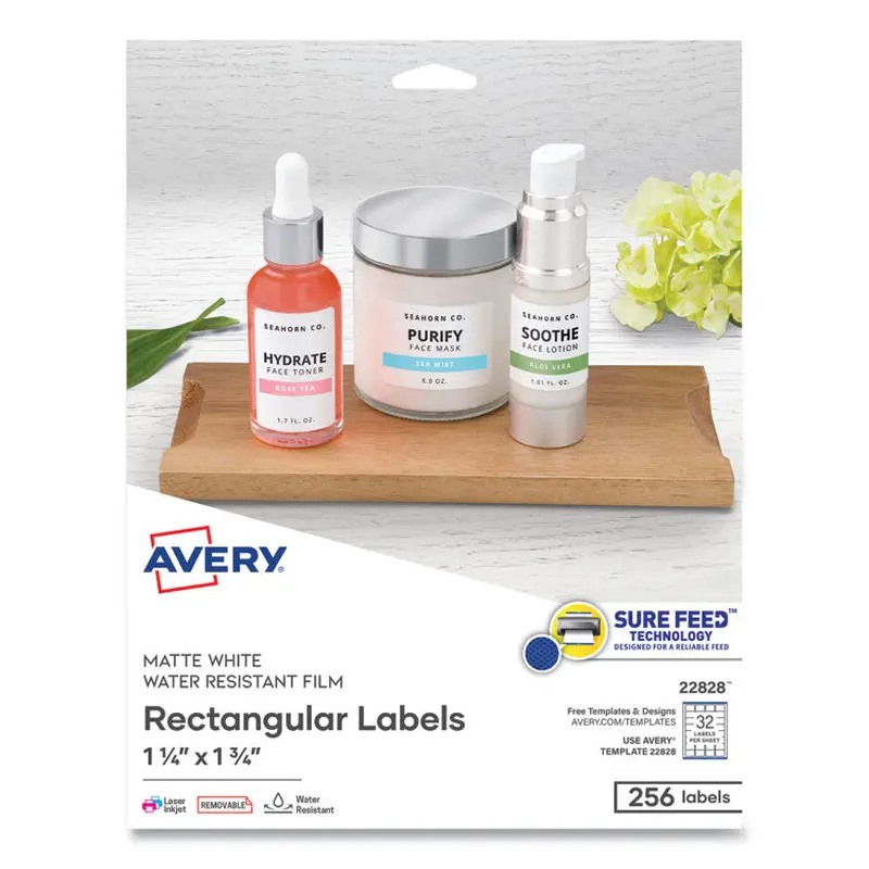 Avery Removable Durable White Rectangle Labels w/ Sure Feed, 1.25 x 1.75, 256/PK (AVE22828) Pack of 256