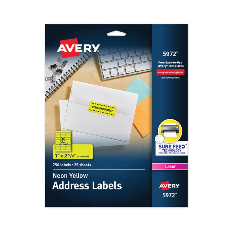 Avery High-Visibility Permanent Laser ID Labels, 1 x 2.63, Neon Yellow, 750/Pack (AVE5972) Pack of 750