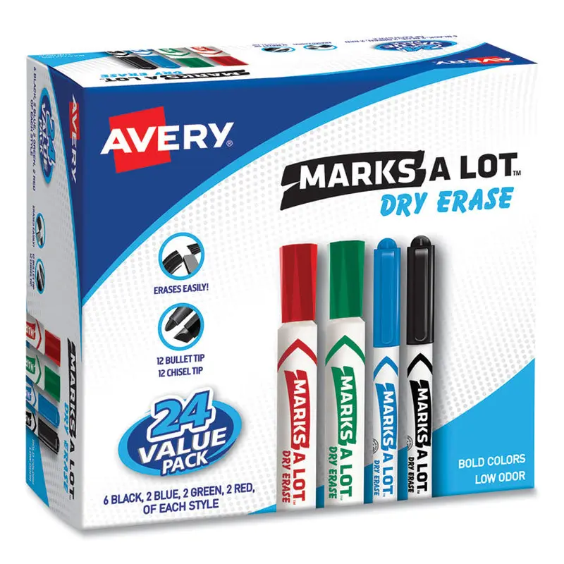 Avery MARKS A LOT Desk/Pen-Style Dry Erase Marker Value Pack, Assorted Broad Bullet/Chisel Tips, Assorted Colors, 24/Pack (29870) (AVE29870) Pack of 24