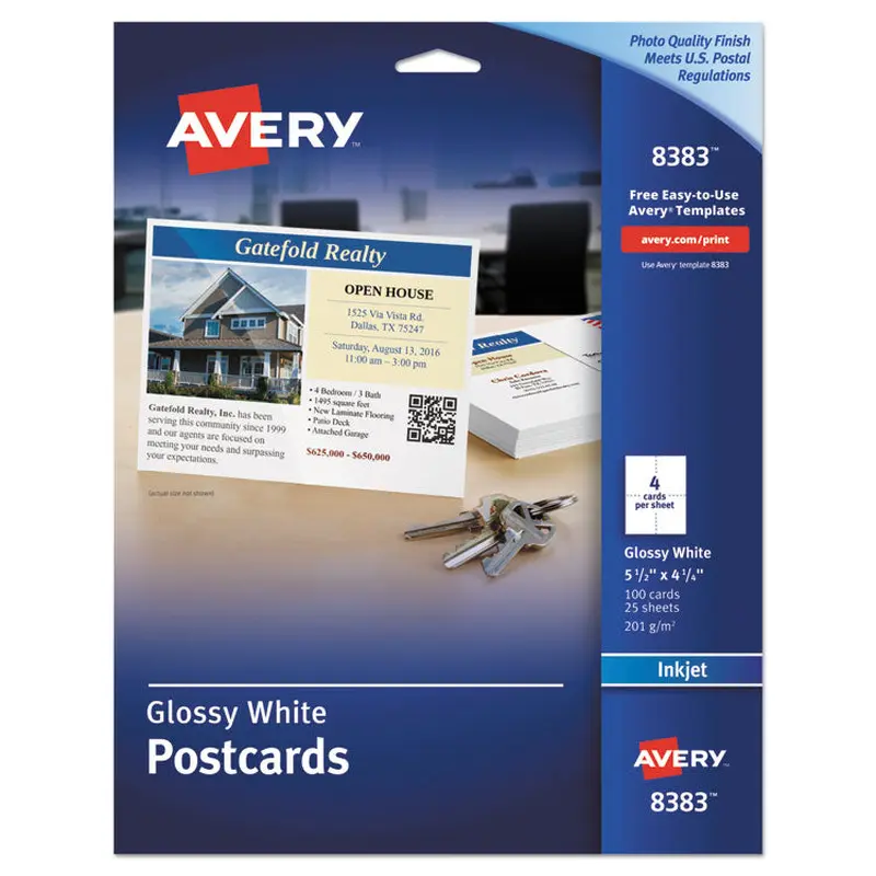 Avery Photo-Quality Printable Postcards, Inkjet, 74 lb, 4.25 x 5.5, Glossy White, 100 Cards, 4 Cards/Sheet, 25 Sheets/Pack (AVE8383) Each