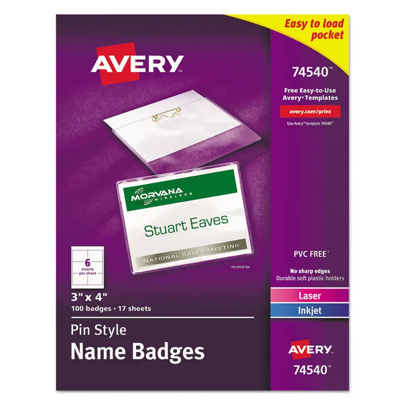 Avery Pin-Style Badge Holder with Laser/Inkjet Insert, Top Load, 4 x 3, White, 100/Box (AVE74540) Box of 100