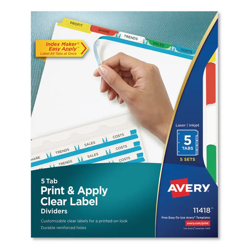 Avery Print and Apply Index Maker Clear Label Dividers, 5-Tab, Color Tabs, 11 x 8.5, White, Traditional Color Tabs, 5 Sets (AVE11418) Set of 5