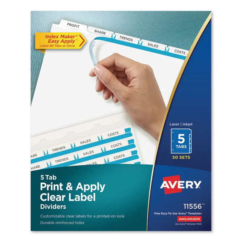 Avery Print and Apply Index Maker Clear Label Dividers, 5-Tab, White Tabs, 11 x 8.5, White, 50 Sets (AVE11556) 50 Sets of 8