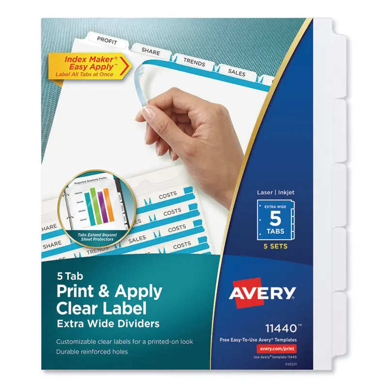 Avery Print and Apply Index Maker Clear Label Dividers, Extra Wide Tab, 5-Tab, White Tabs, 11.25 x 9.25, White, 5 Sets (AVE11440) 5 Sets of 5