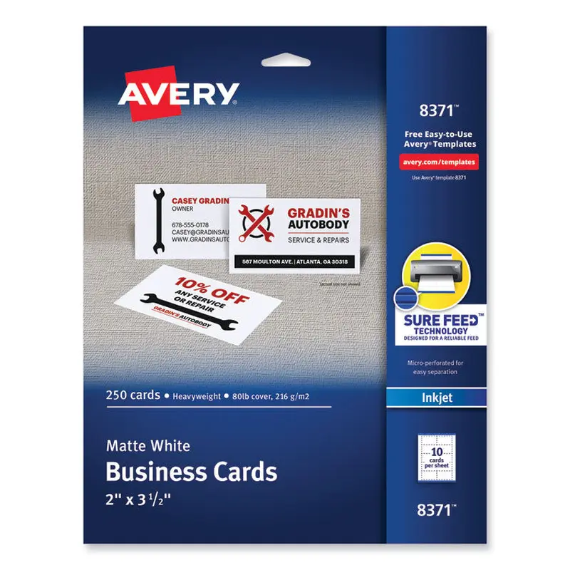 Avery Printable Microperforated Business Cards w/Sure Feed Technology, Inkjet, 2 x 3.5, White,  250 Cards, 10/Sheet, 25 Sheets/Pack (AVE8371) Pack of 250