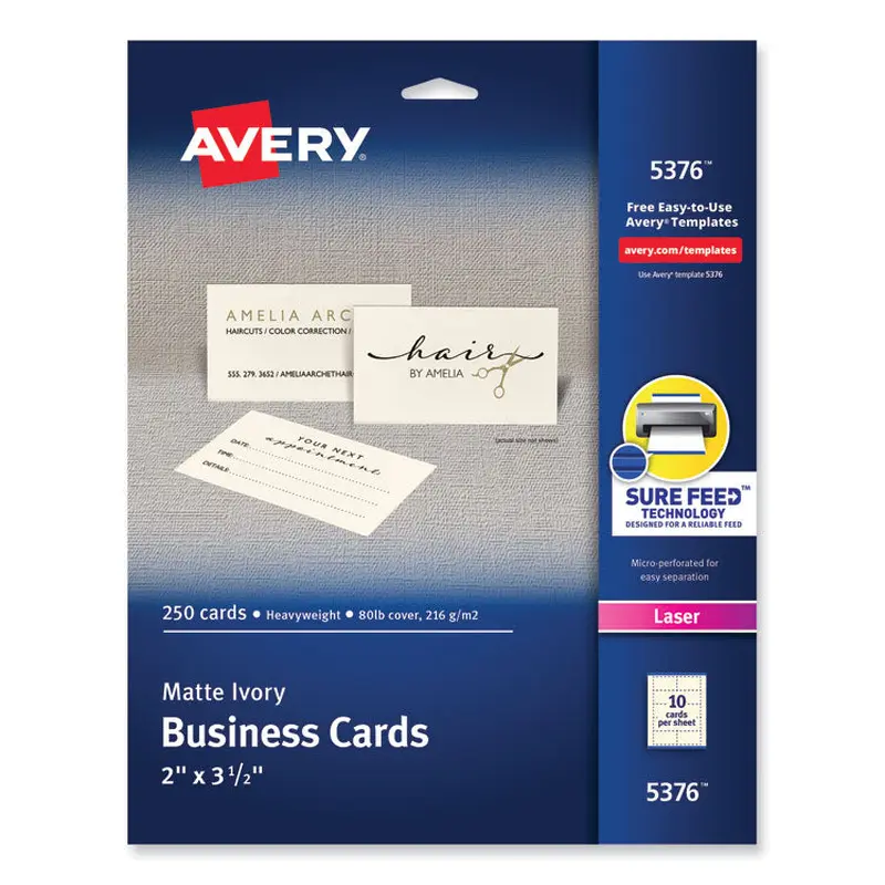 Avery Printable Microperforated Business Cards w/Sure Feed Technology, Laser, 2 x 3.5, Ivory, 250 Cards, 10/Sheet, 25 Sheets/Pack (AVE5376) Box of 250