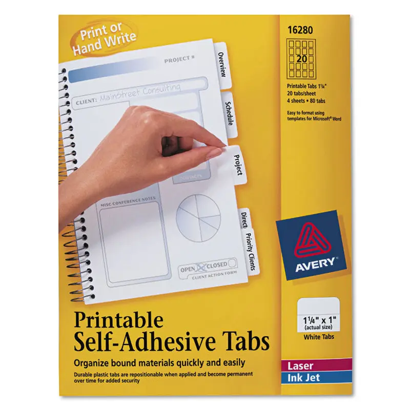Avery Printable Plastic Tabs with Repositionable Adhesive, 1/5-Cut, White, 1.25" Wide, 96/Pack (AVE16280) Pack of 96