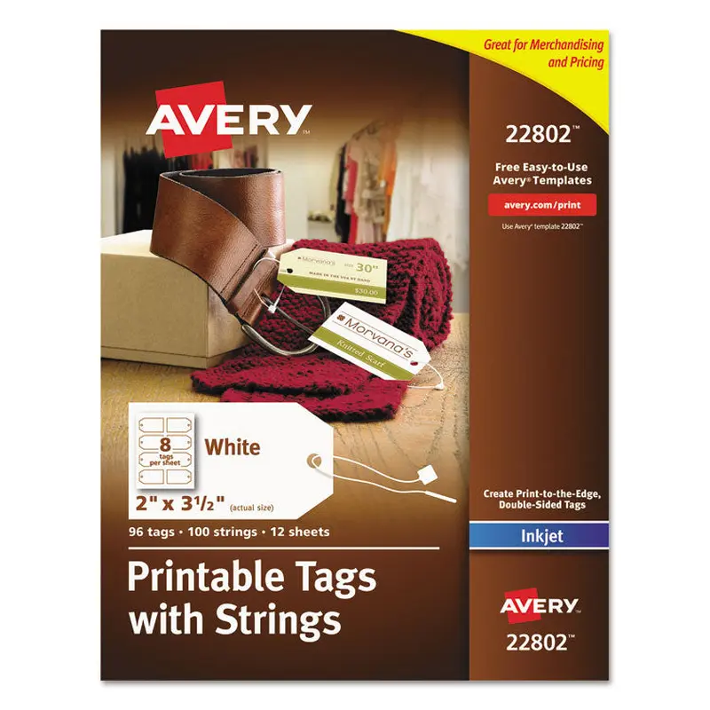Avery Printable Rectangular Tags with Strings, 2 x 3.5, Matte White, 96/Pack (AVE22802) Pack of 96