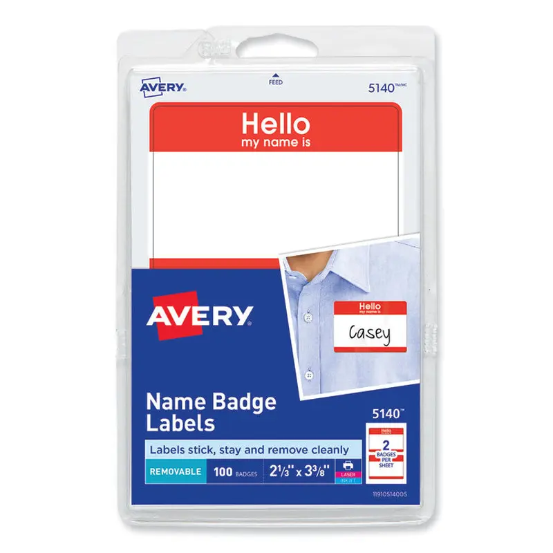Avery Printable Self-Adhesive Name Badges, 2 1/3 x 3 3/8, Red "Hello", 100/Pack (AVE5140) Pack of 100