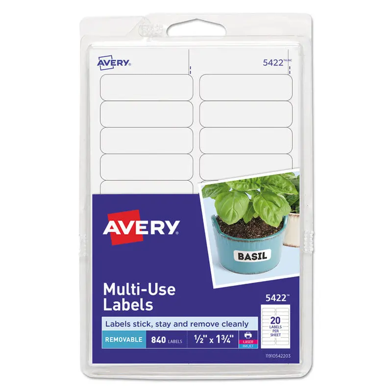 Avery Removable Multi-Use Labels, Inkjet/Laser Printers, 0.5 x 1.75, White, 20/Sheet, 42 Sheets/Pack, (5422) (AVE05422) Pack of 840