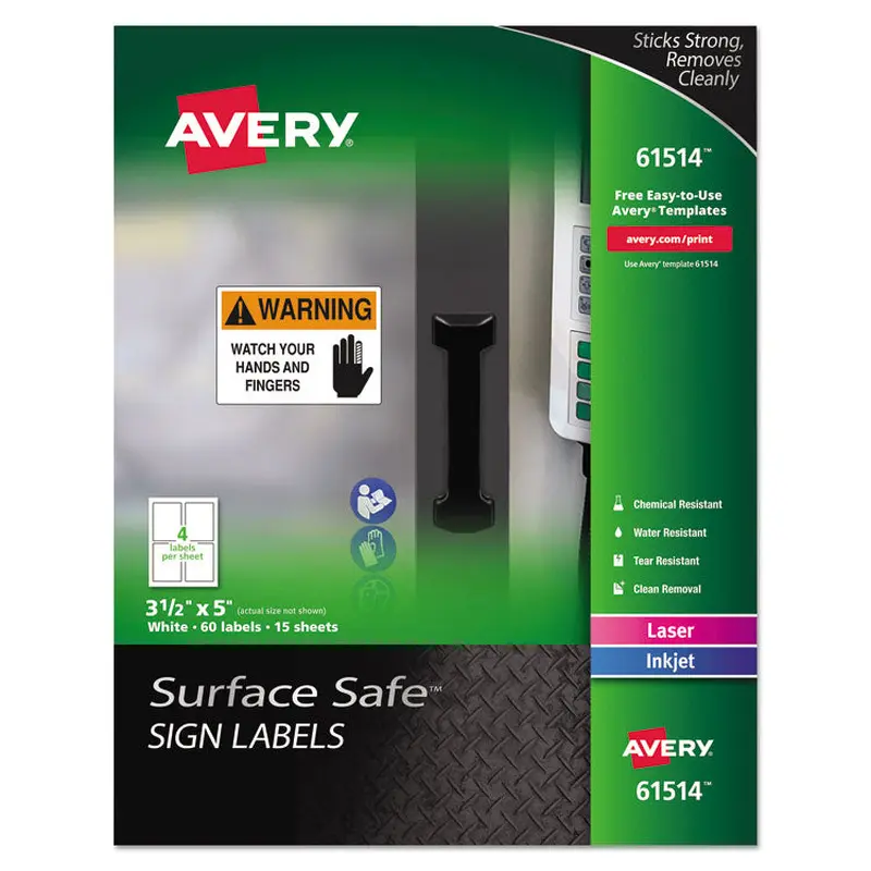 Avery Surface Safe Removable Label Safety Signs, Inkjet/Laser Printers, 3.5 x 5, White, 4/Sheet, 15 Sheets/Pack (AVE61514) Pack of 60