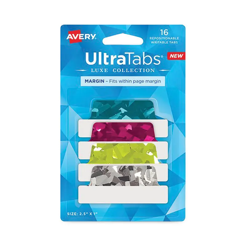 Avery Ultra Tabs Luxe Collection Repositionable Tabs, 1/5-Cut, Assorted Jewel Prism Colors, 2.5" Wide, 16/Pack (AVE74147) Pack of 16