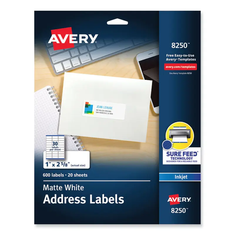 Avery Vibrant Inkjet Color-Print Labels w/ Sure Feed, 1 x 2.63, Matte White, 600/PK (AVE8250) Pack of 600
