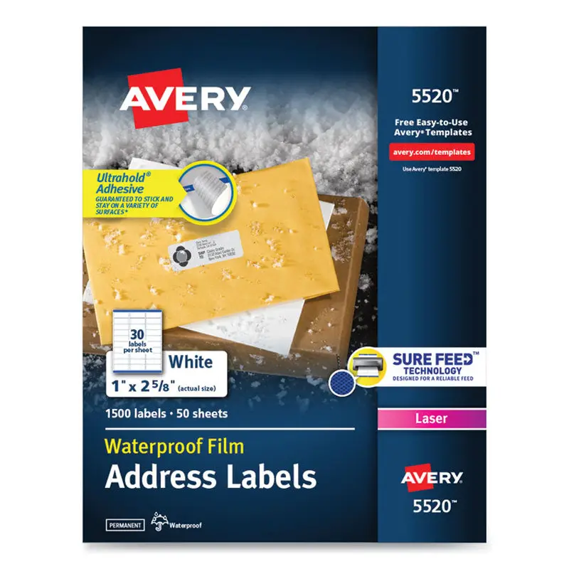 Avery Waterproof Address Labels with TrueBlock and Sure Feed, Laser Printers, 1 x 2.63, White, 30/Sheet, 50 Sheets/Pack (AVE5520) Box of 1500