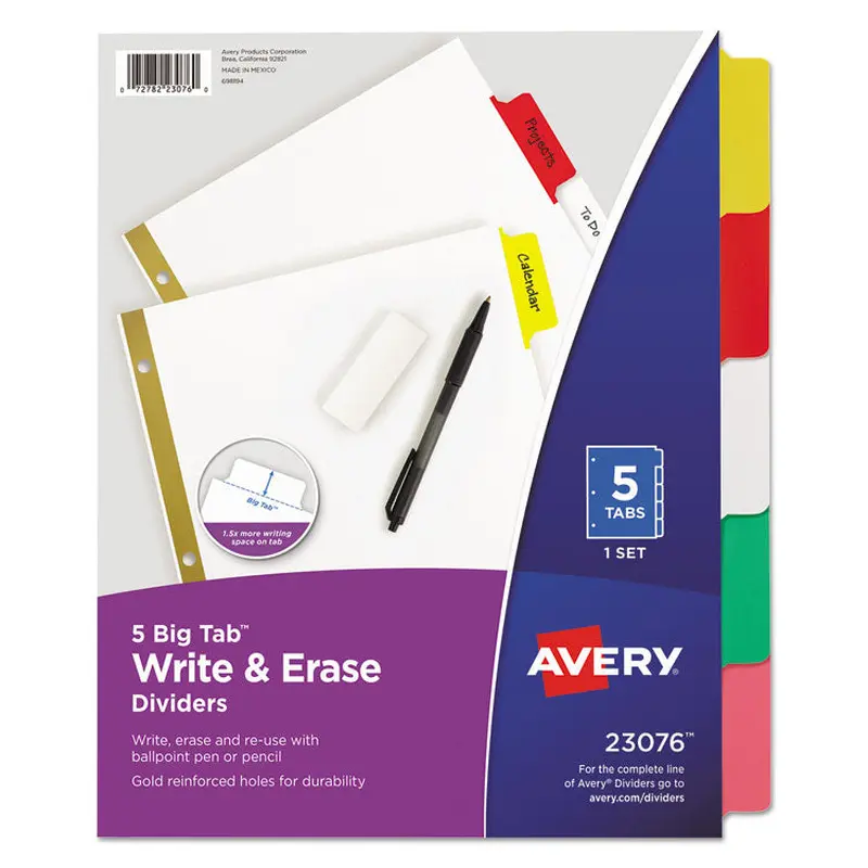 Avery Write and Erase Big Tab Paper Dividers, 5-Tab, 11 x 8.5, White, Assorted Tabs, 1 Set (AVE23076) Set of 5