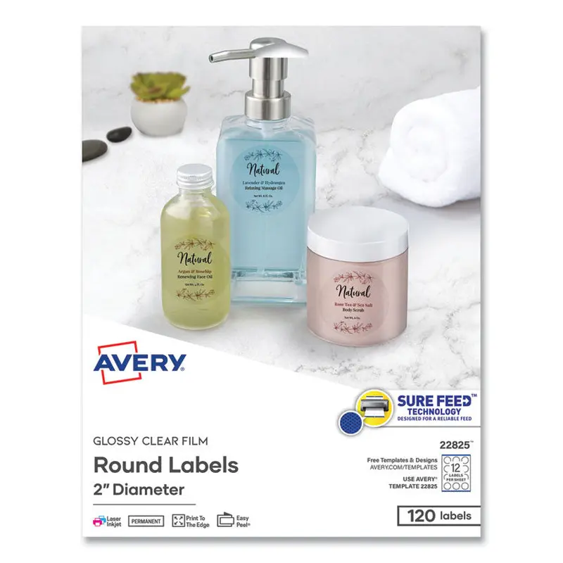 Avery Round Print-to-the Edge Labels with Sure Feed and Easy Peel, 2" dia, Glossy Clear, 120/PK (AVE22825) Pack of 120