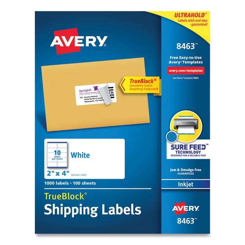 Avery Shipping Labels w/ TrueBlock Technology, Inkjet Printers, 2 x 4, White, 10/Sheet, 100 Sheets/Box (AVE8463) Box of 1000