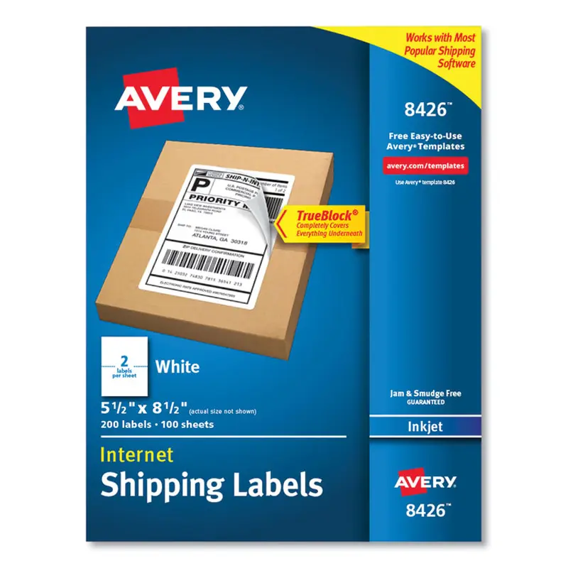 Avery Shipping Labels with TrueBlock Technology, Inkjet Printers, 5.5 x 8.5, White, 2 Labels/Sheet, 100 Sheets/Pack, 2 Packs (AVE8426) Pack of 200