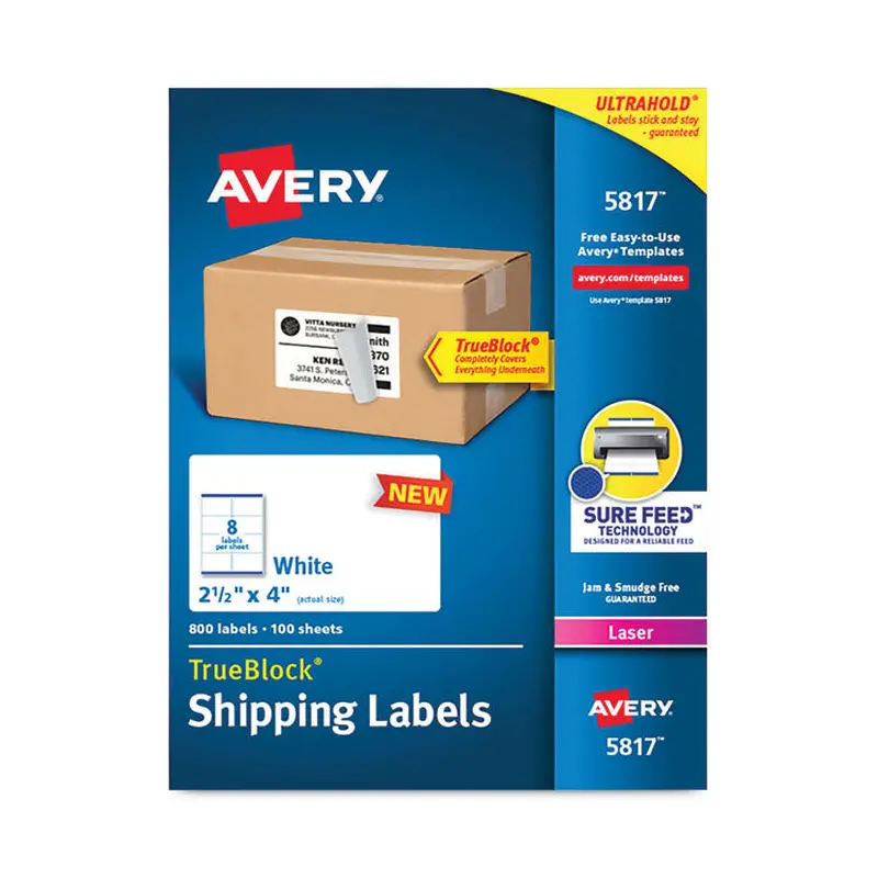 Avery Shipping Labels with TrueBlock Technology, Laser Printers,  2.5 x 4, White, 8/Sheet, 100 Sheets/Pack (AVE5817) 1 Pack
