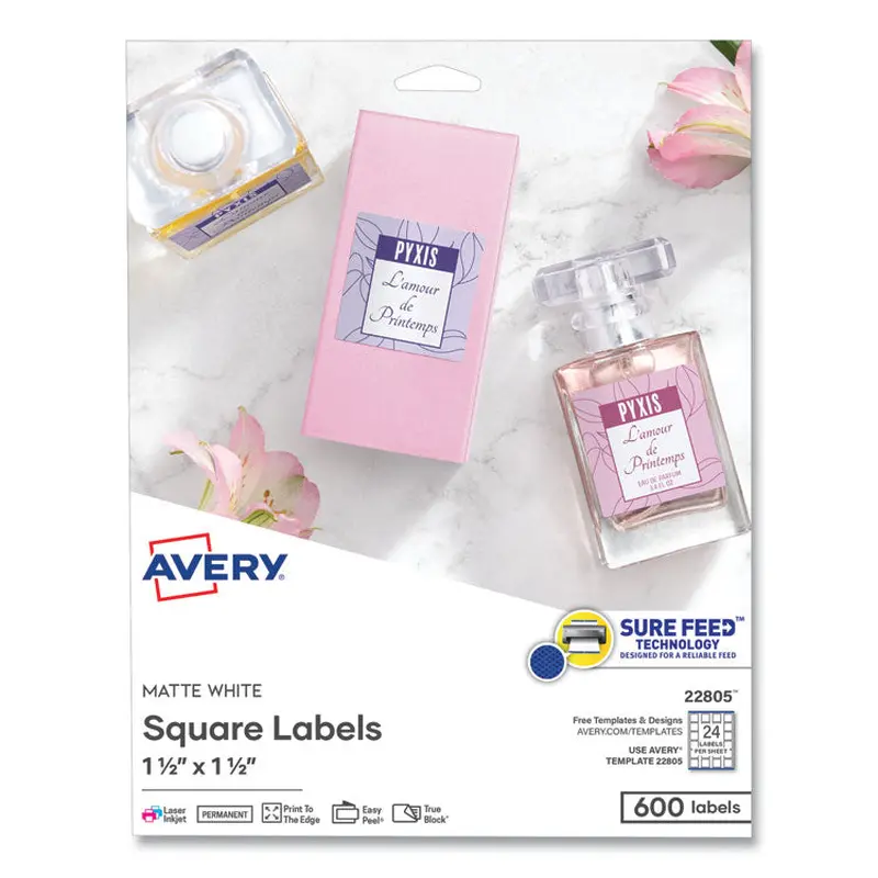 Avery Square Labels with Sure Feed and TrueBlock, 1.5 x 1.5, White, 600/Pack (AVE22805) Pack of 600