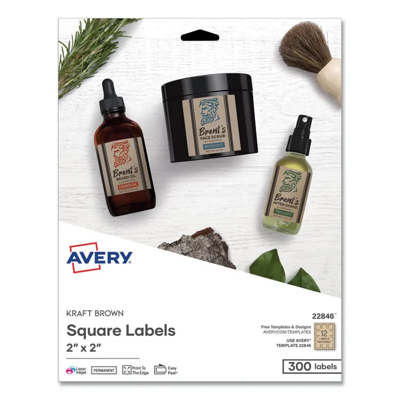 Avery Square Print-to-the-Edge Labels, Inkjet/Laser Printers, 2 x 2, Kraft Brown, 12/Sheet, 25 Sheets/Pack (AVE22846) Pack of 300