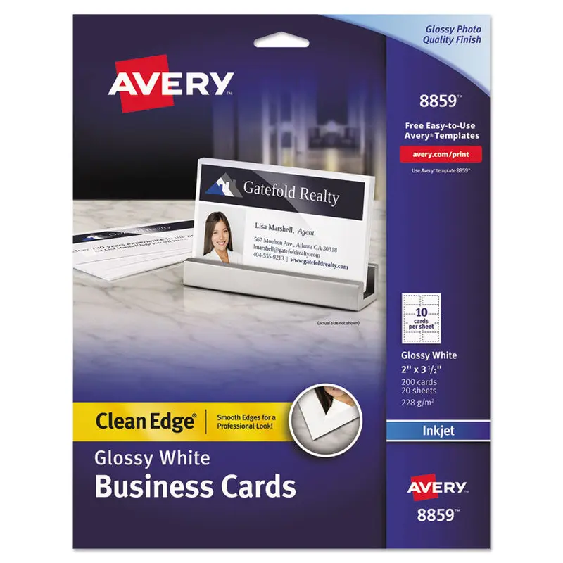 Avery True Print Clean Edge Business Cards, Inkjet, 2 x 3.5, Glossy White, 200 Cards, 10 Cards Sheet, 20 Sheets/Pack (AVE8859) Pack of 200