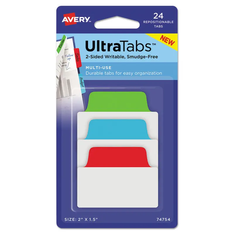 Avery Ultra Tabs Repositionable Tabs, Standard: 2" x 1.5", 1/5-Cut, Assorted Colors (Blue, Green and Red), 24/Pack (AVE74754) Pack of 24