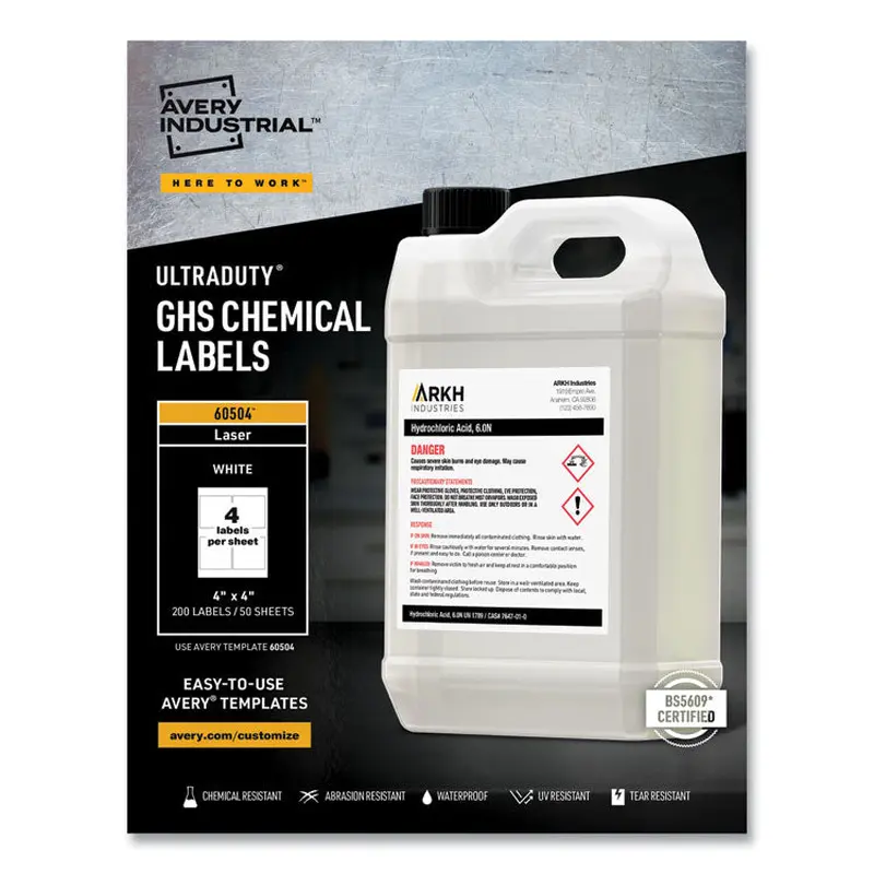 Avery UltraDuty GHS Chemical Waterproof and UV Resistant Labels, 4 x 4, White, 4/Sheet, 50 Sheets/Box (AVE60504) Box of 200