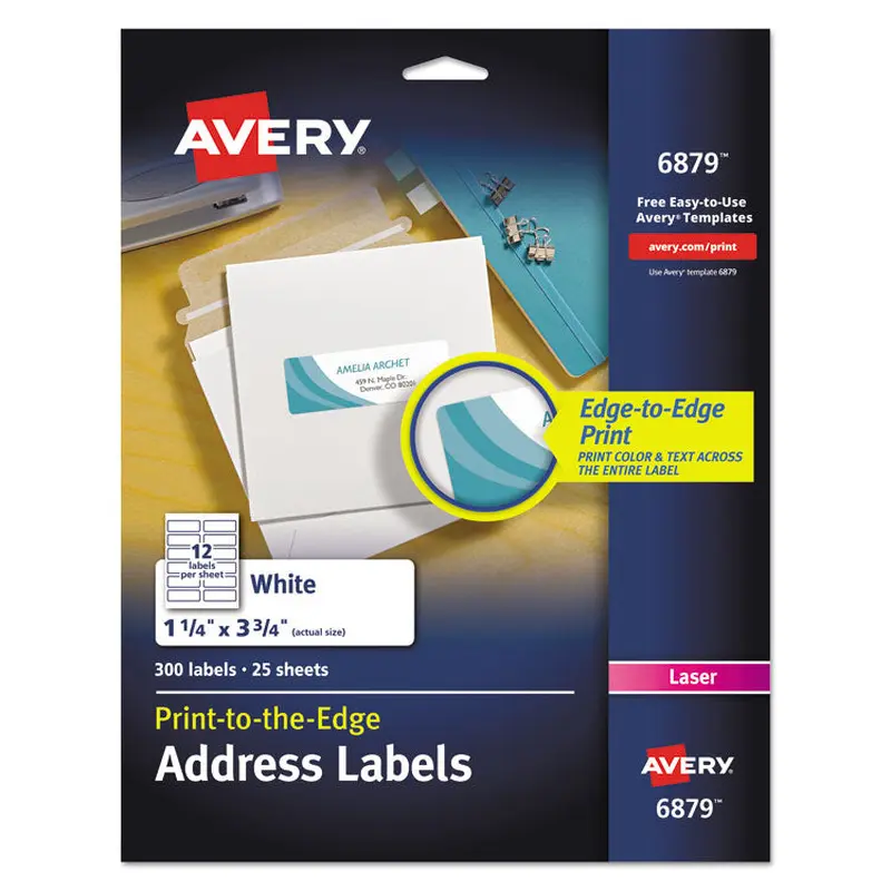 Avery Vibrant Laser Color-Print Labels w/ Sure Feed, 1.25 x 3.75, White, 300/Pack (AVE6879) Pack of 300