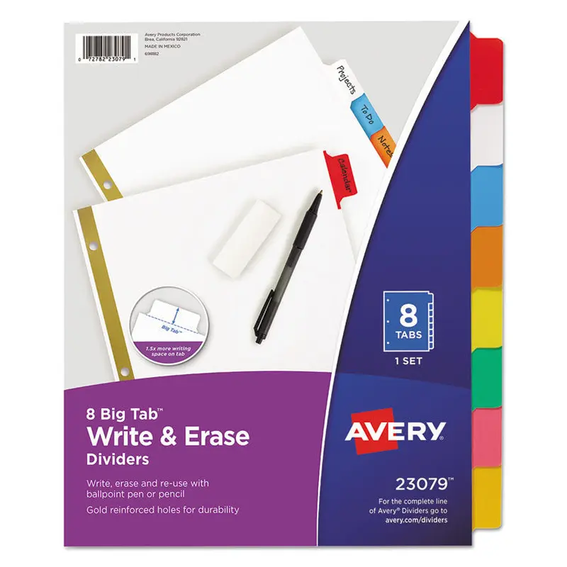 Avery Write and Erase Big Tab Paper Dividers, 8-Tab, 11 x 8.5, White, Assorted Tabs,1 Set (AVE23079) Set of 8