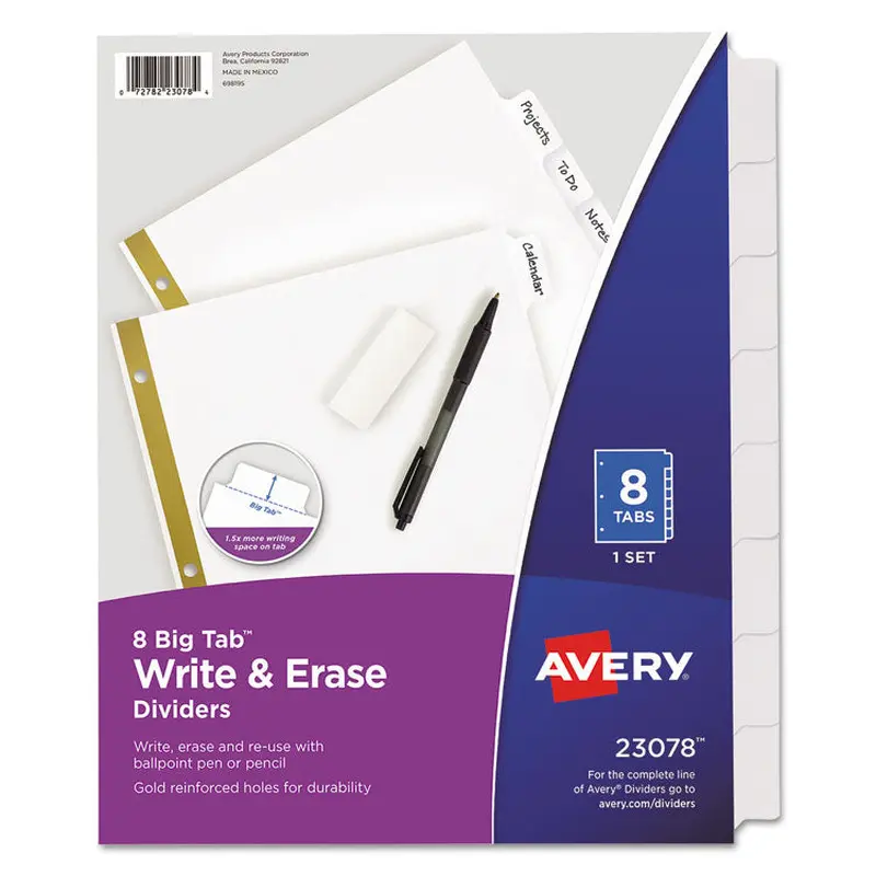 Avery Write and Erase Big Tab Paper Dividers, 8-Tab, 11 x 8.5, White, White Tabs, 1 Set (AVE23078) Set of 8