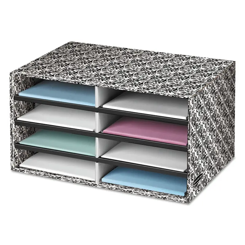 Bankers Box Decorative Sorter, 8 Letter Compartments, 19.5 x 12.38 x 10.25, Black/White Brocade (FEL6171301) Each