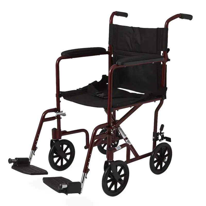 Basic Aluminum Transport Chair with Permanent Full-Length Armrests, Detachable Footrests and 8" Wheels, 300 lb. Capacity, 19" W, Red, 1/CS (MDS808200ARE) Case of 1