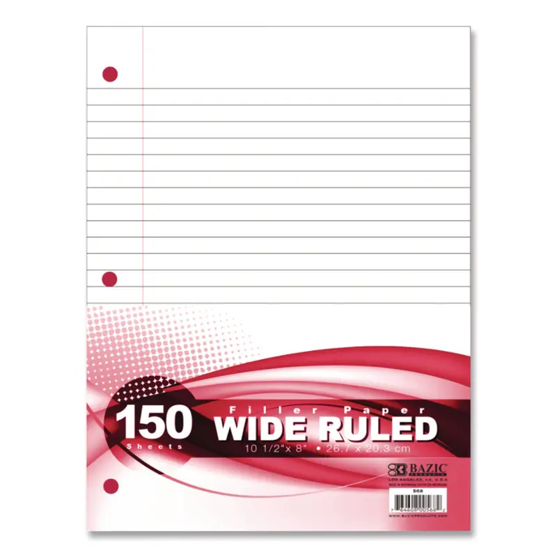 BAZIC Products Filler Paper, Side: 3-Hole Punched, Wide/Legal Rule, 150/Pack (BAZ568) Pack of 150