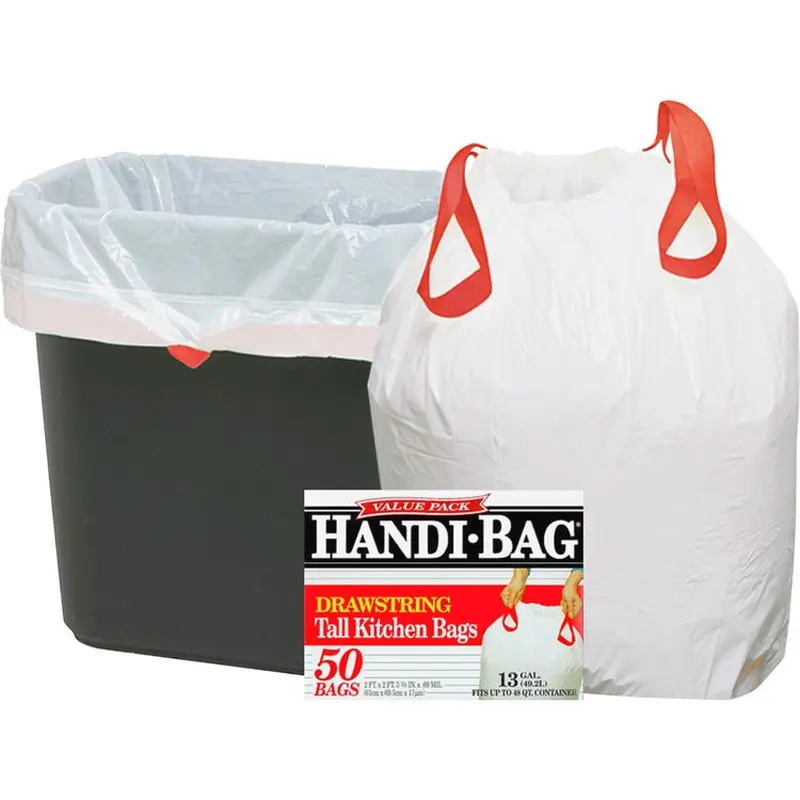 Berry White Drawstring Trash Bags, 13 Gallon, 0.7 Mil, 24" X 27", Box of 50 (WBIHAB6DK50N) Box of 50