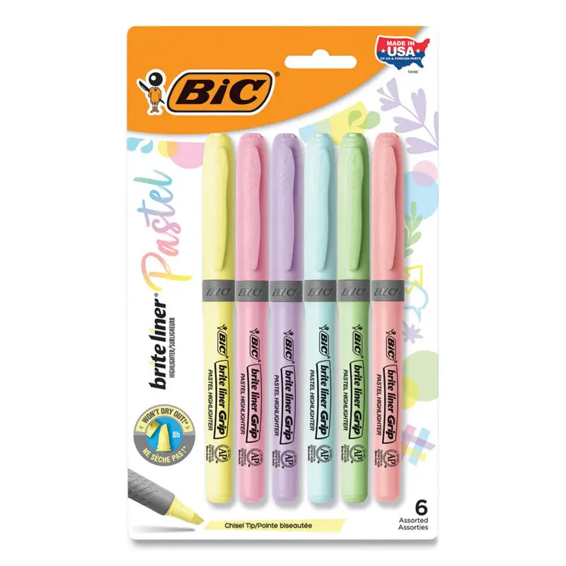 BIC Brite Liner Grip Pocket Highlighter, Assorted Ink Colors, Chisel Tip, Assorted Barrel Colors, 6/Pack (BICGBLDP61AST) Pack of 6