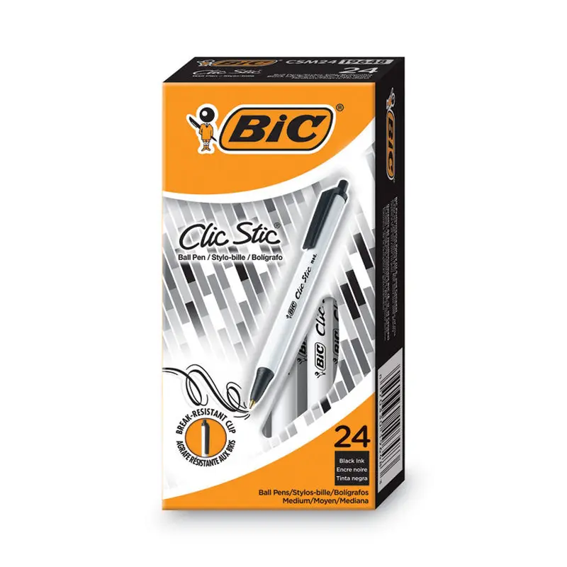 BIC Clic Stic Ballpoint Pen Value Pack, Retractable, Medium 1 mm, Black Ink, White Barrel, 24/Pack (BICCSM241BK) Pack of 24