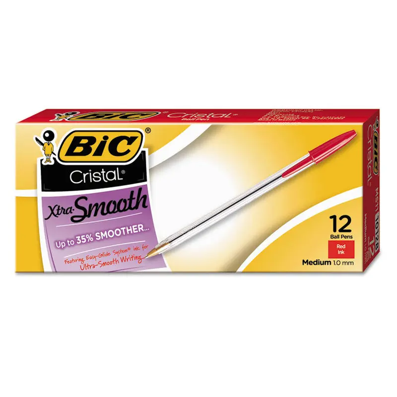 BIC Cristal Xtra Smooth Ballpoint Pen, Stick, Medium 1 mm, Red Ink, Clear Barrel, Dozen (BICMS11RD) 1 Dozen