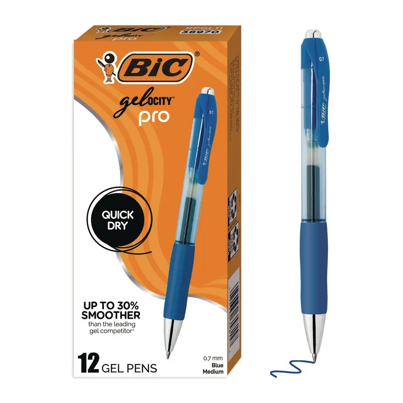BIC Gel-ocity Pro Quick Dry Gel Pen, Retractable, Medium 0.7 mm, Blue Ink, Blue/Clear Barrel, 12/Pack (BICRPGL11BLU) Pack of 12