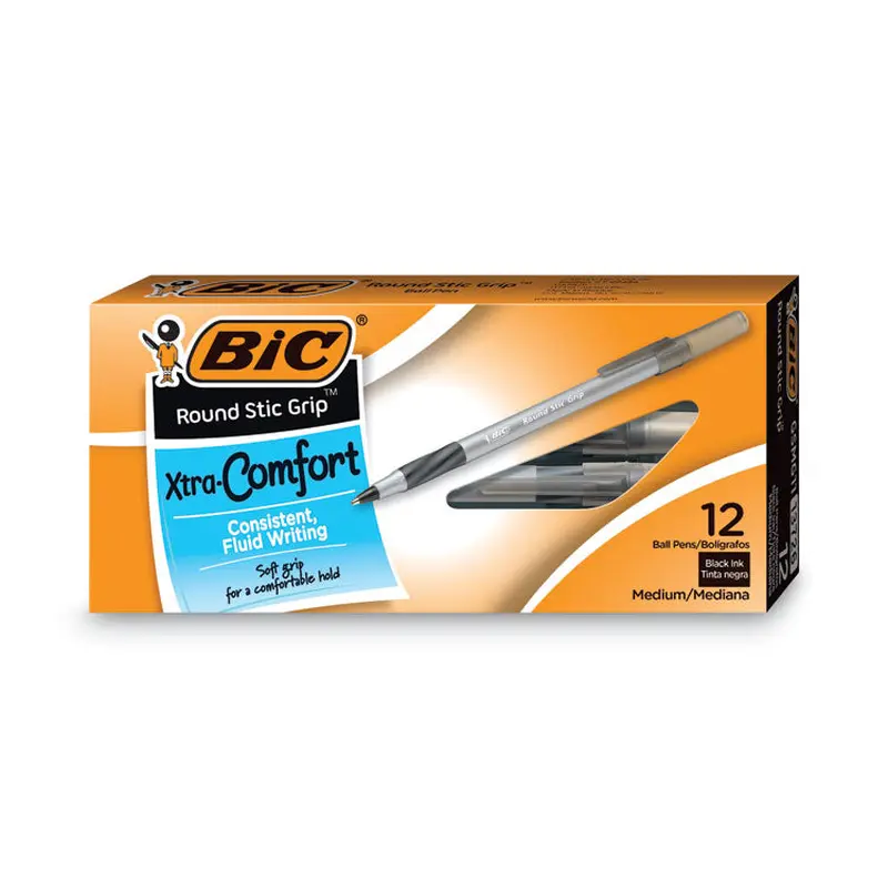 BIC Round Stic Grip Xtra Comfort Ballpoint Pen, Easy-Glide, Stick, Medium 1.2 mm, Black Ink, Gray/Black Barrel, Dozen (BICGSMG11BK) 1 Dozen
