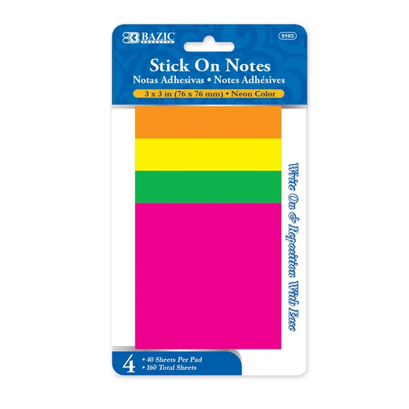 STICK ON NOTES 3" X 3" NEON COLORS 4/PK
