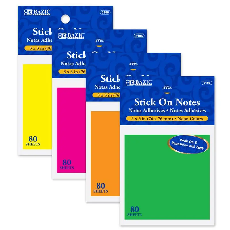 BAZIC 80 CT. 3" X 3" NEON STICK ON NOTES