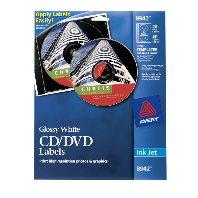 Avery CD Labels, True Print Permanent Adhesive, Glossy, 20 Disc Labels and 40 Spine Labels (8942)