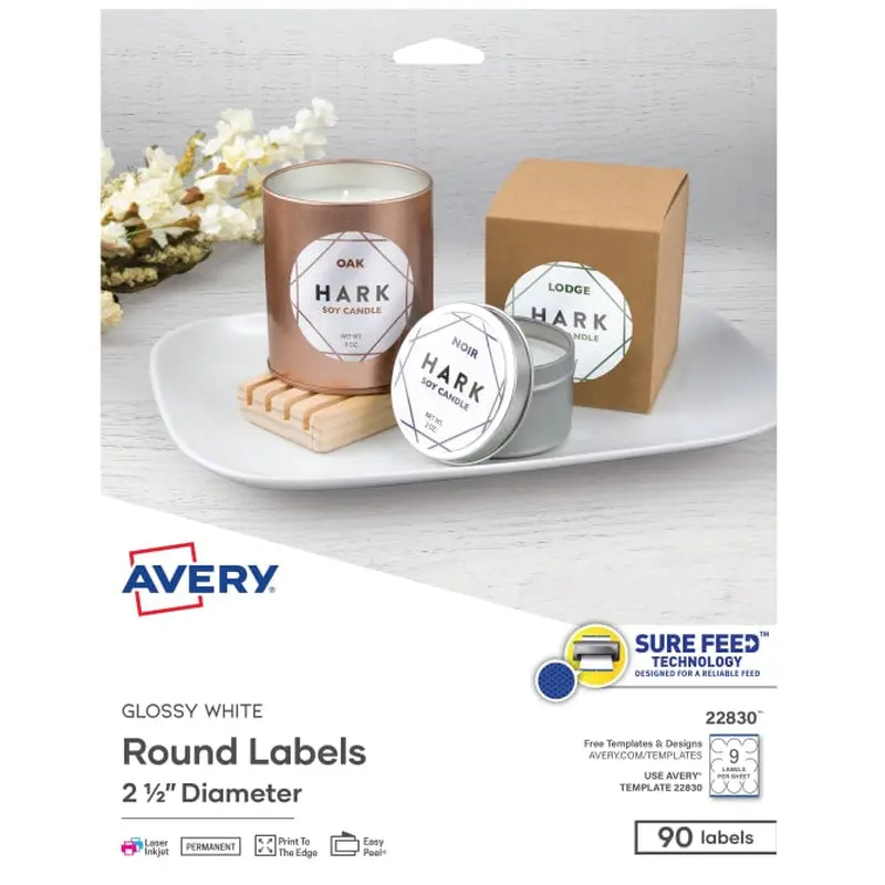 Avery Glossy White Round Labels with Sure Feed, 2-1/2" Diameter, 90 Labels, Permanent Adhesive (22830)