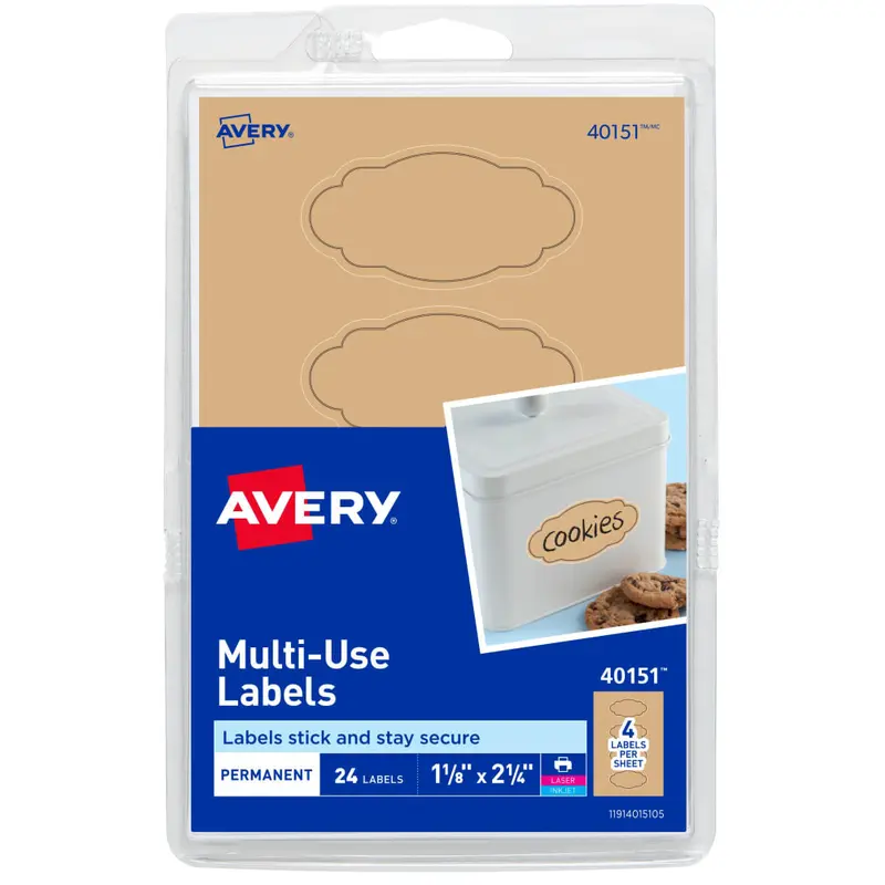 Avery Scallop Labels, Permanent Adhesive, Kraft Brown, Black Border, 1-1/8" x 2-1/4", 24 Labels (40151)